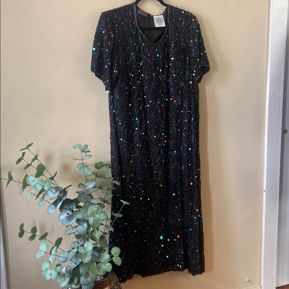 Vintage Joseph Le Bon Silk Beaded Dress 18W Sequin Cocktail Evening Party Black